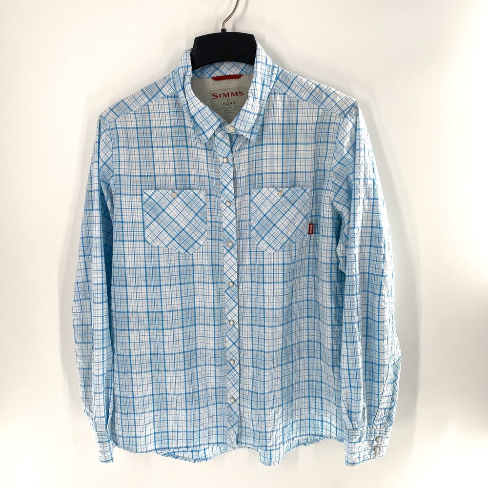 Simms Core3 Plaid Fishing Shirt‎ Long Sleeve Button Up Womens Sz XL Blue White